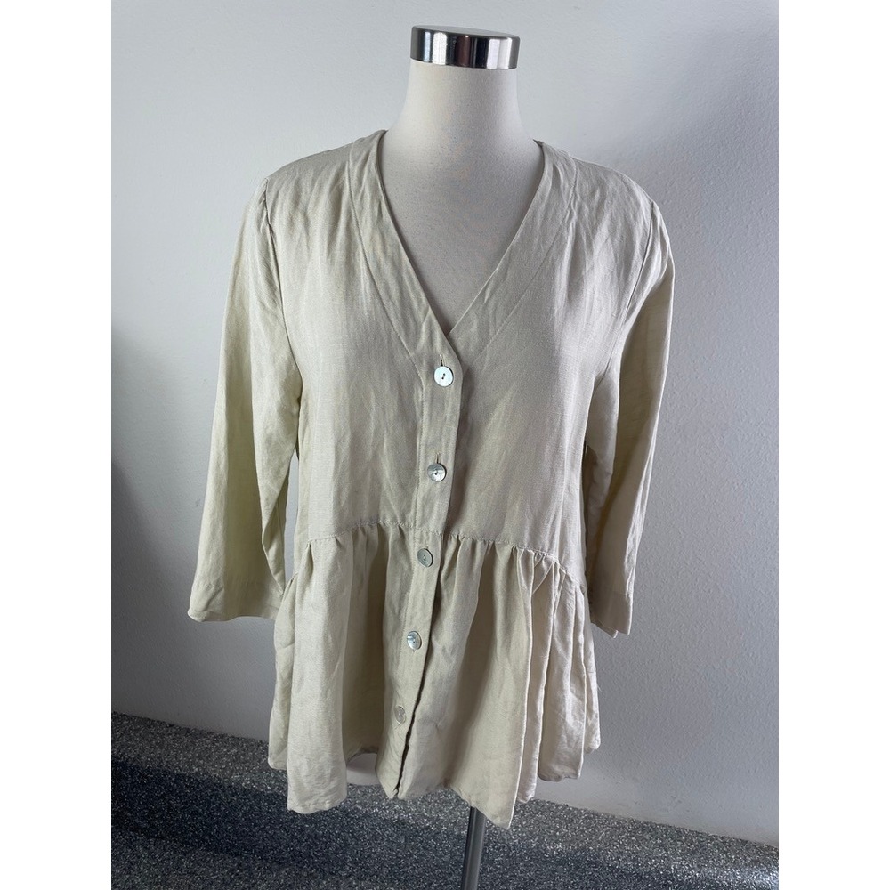 Jennifer & Grace Womens Large Linen Blend Peplum Tunic Top Beige V Neck